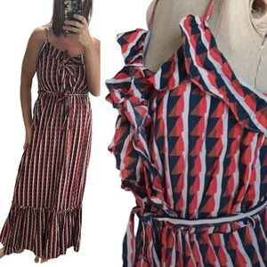 Gap Blue/Orange Belted Geo Print Maxi Sundress